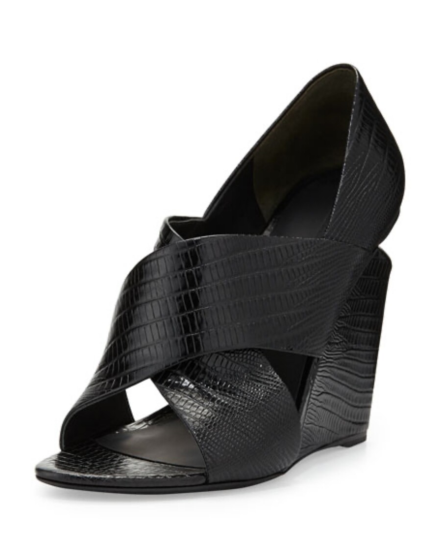 NEW ALEXANDER WANG Black IDA Wedges Lizard Leather Peep Open Toe Sandals 38 8