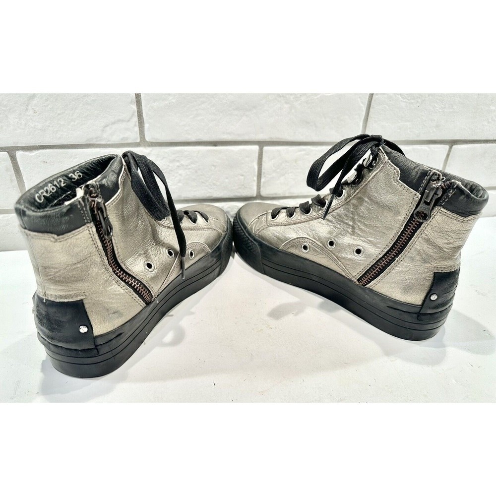 Crime London Silver Leather Distressed Studded Zipper High Top Sneakers 36/6
