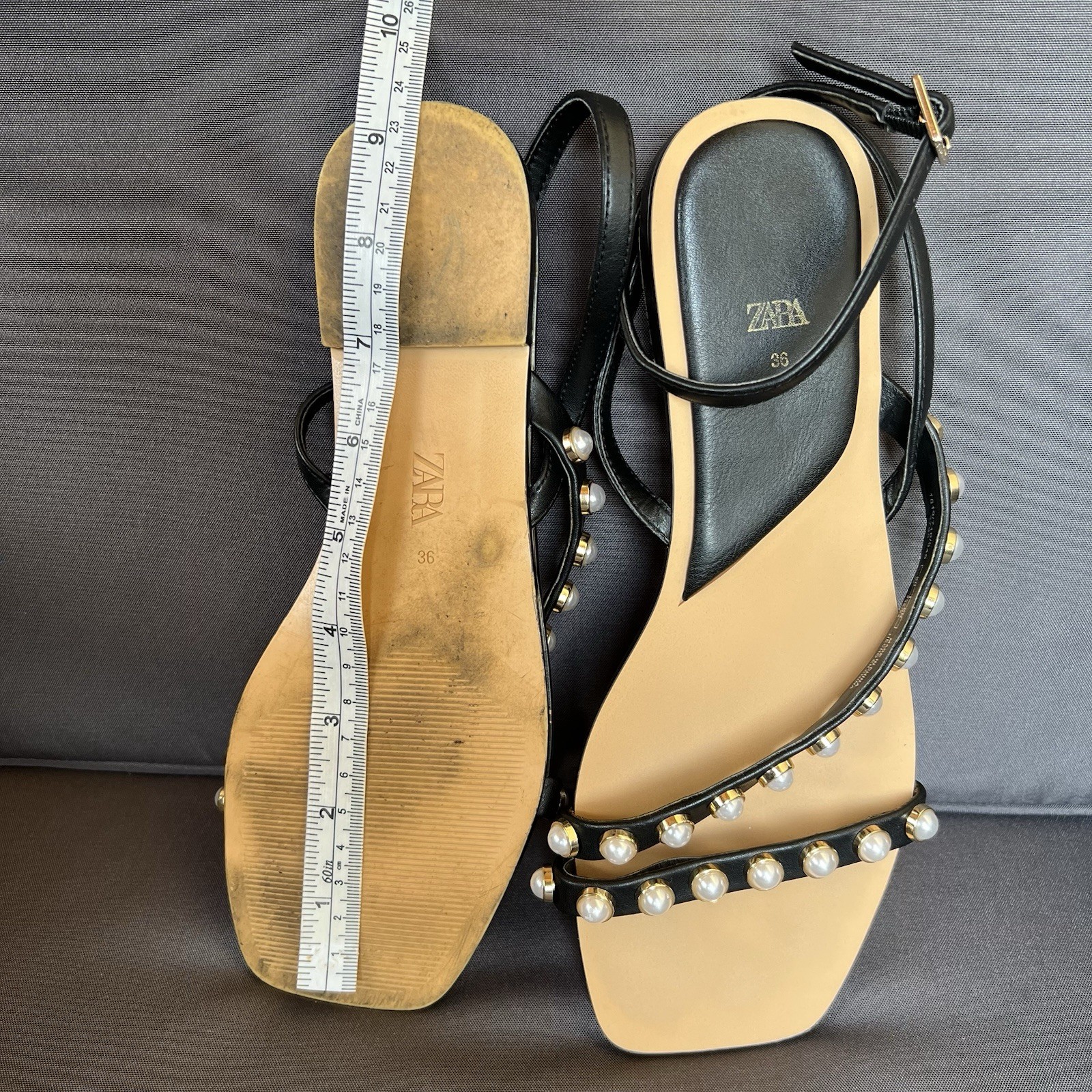 Zara Pearl Studded Flat Strappy Sandals Sz 36 US 6 Black White Gold Chic Wedding