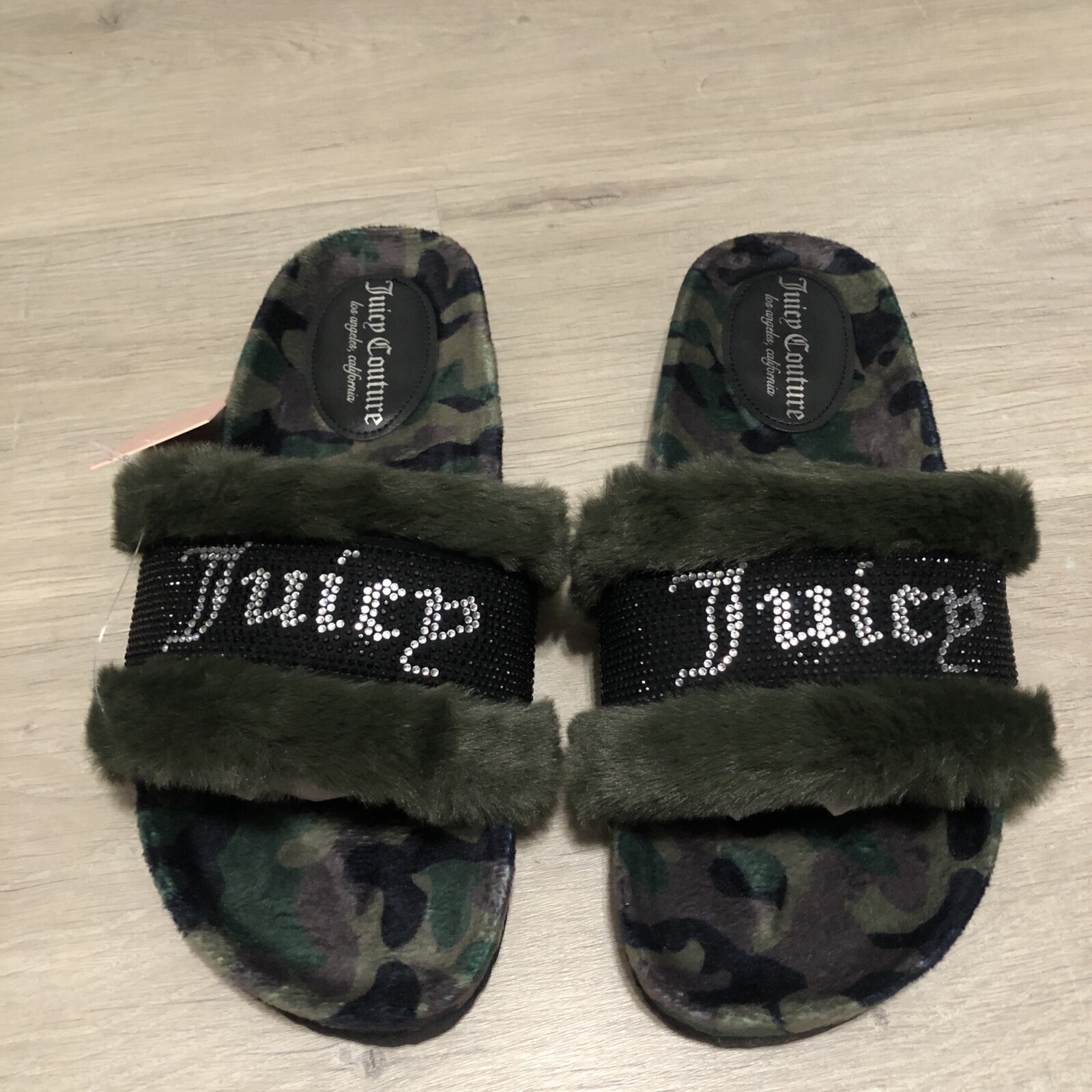 Juicy Couture Slide Slippers Faux Fur Crystals Green Camo Womens Size 10