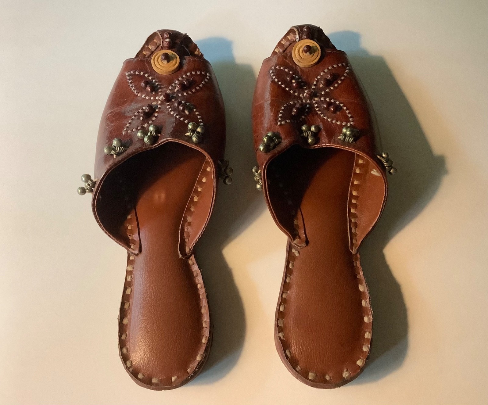 Vintage Handmade Indian Leather Mules Embroidery Beads & Bells Women’s Size 7.5