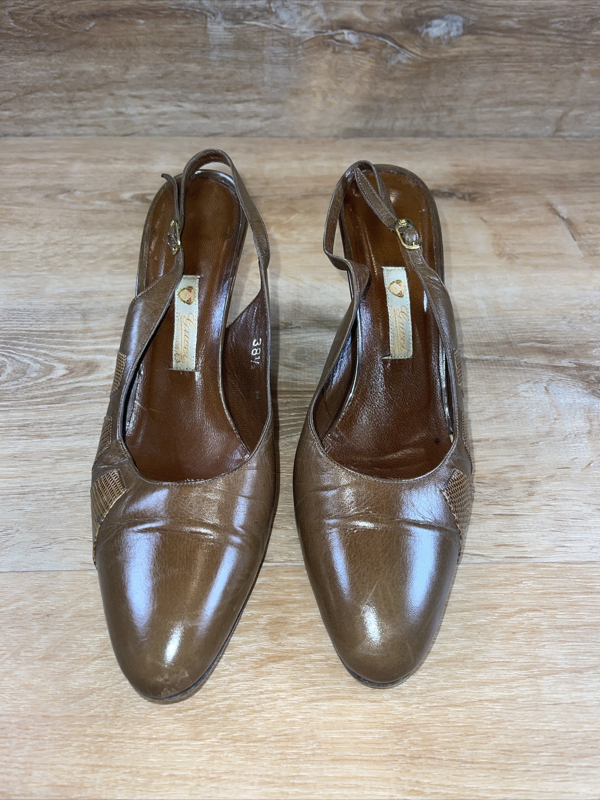 Vintage Gucci Leather W Snake Accent Sling Back Heels Shoes 38.5 N US 8.5