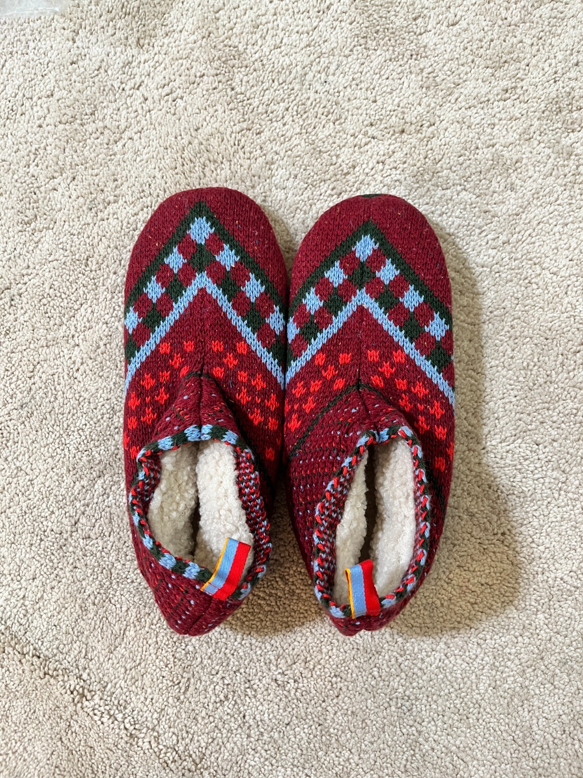 Bombas Sherpa Lined Gripper Bootie Red Blue Slipper Women Med (US W 9-11.5)*READ