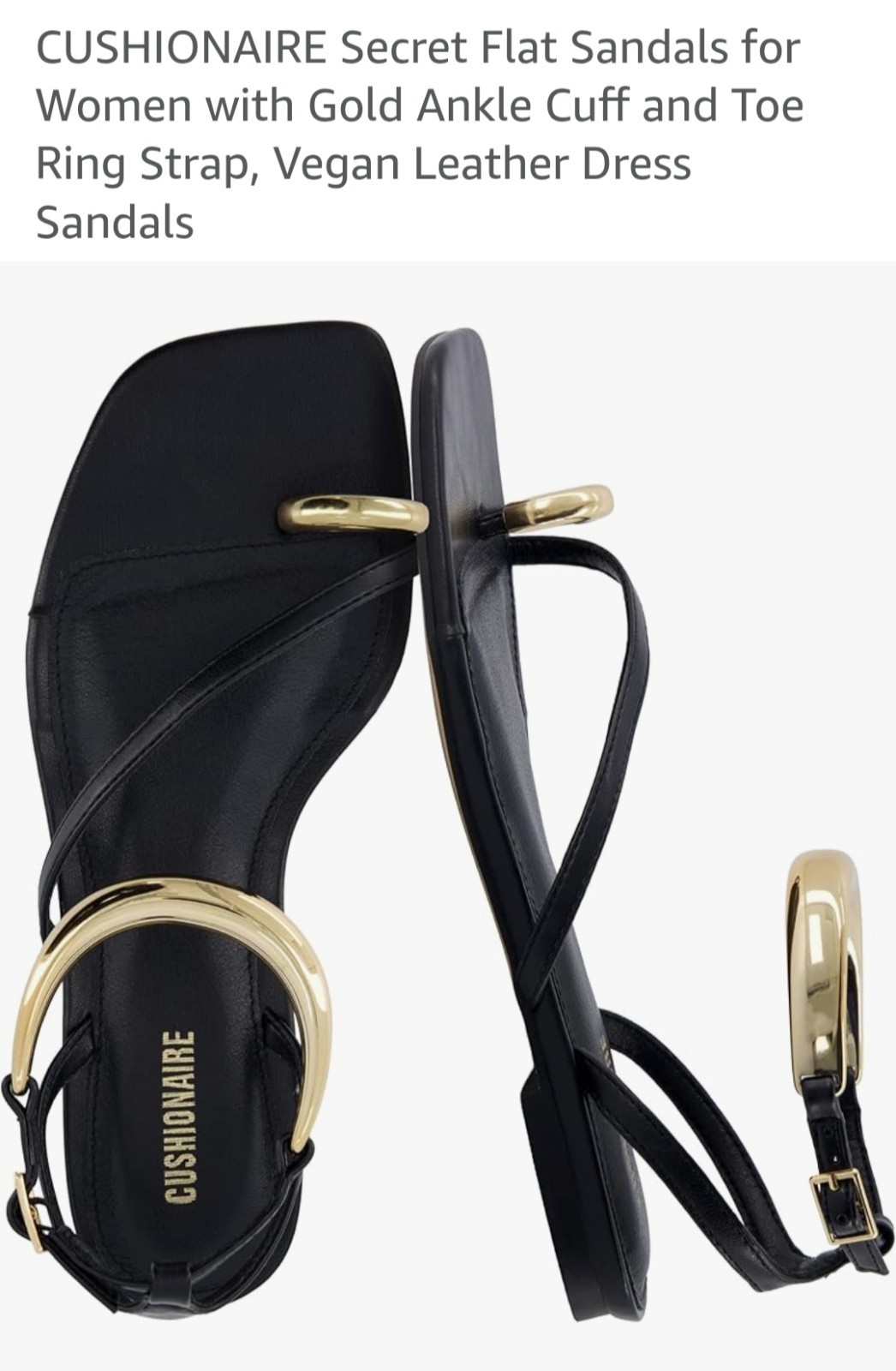 NWOT Cushionaire Secret Flat Sandals Black Gold Ankle Cuff Toe Ring, Size 9
