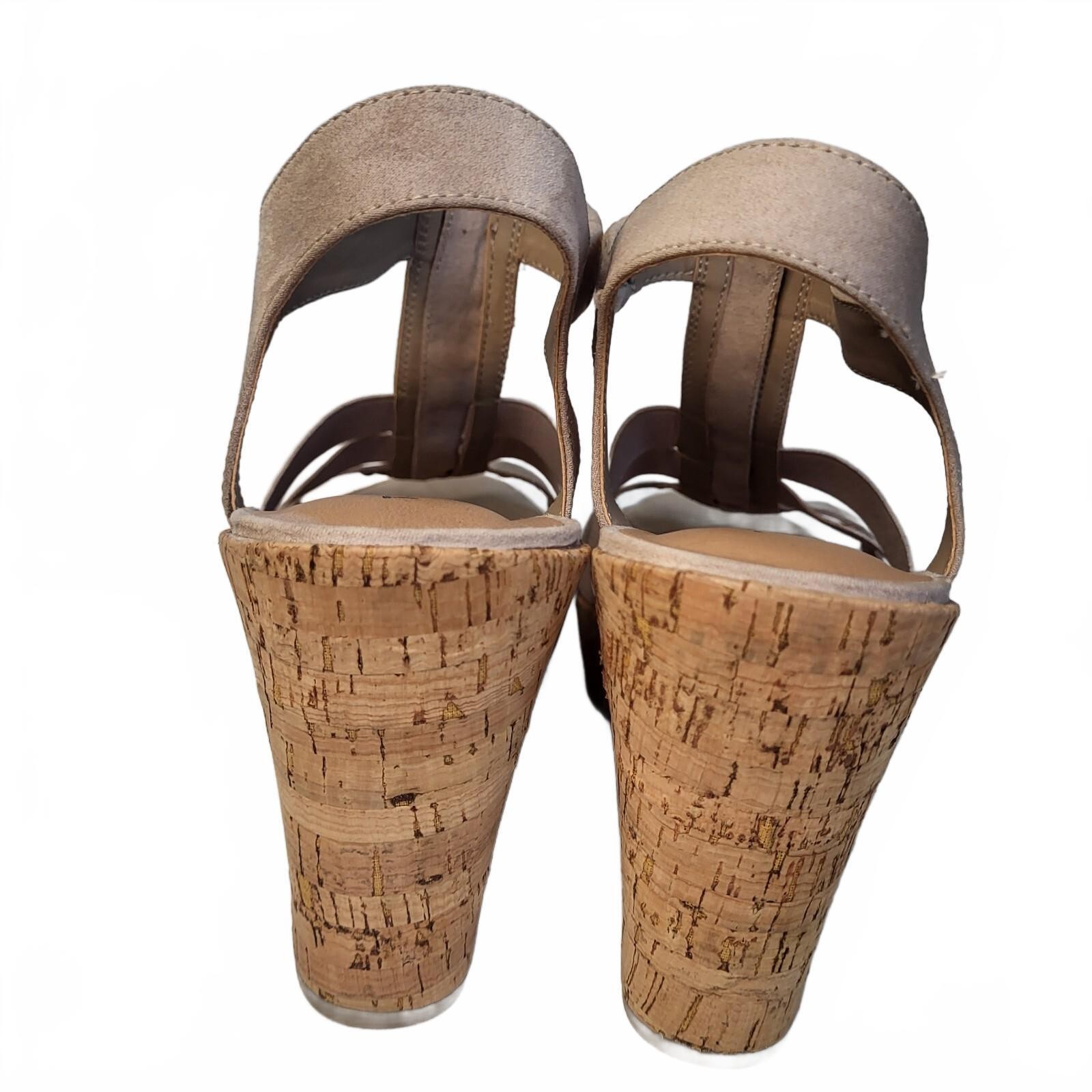 Torrid Beige Wedge Sandals with Front Zipper and Cork Heel, Size 10.5WW