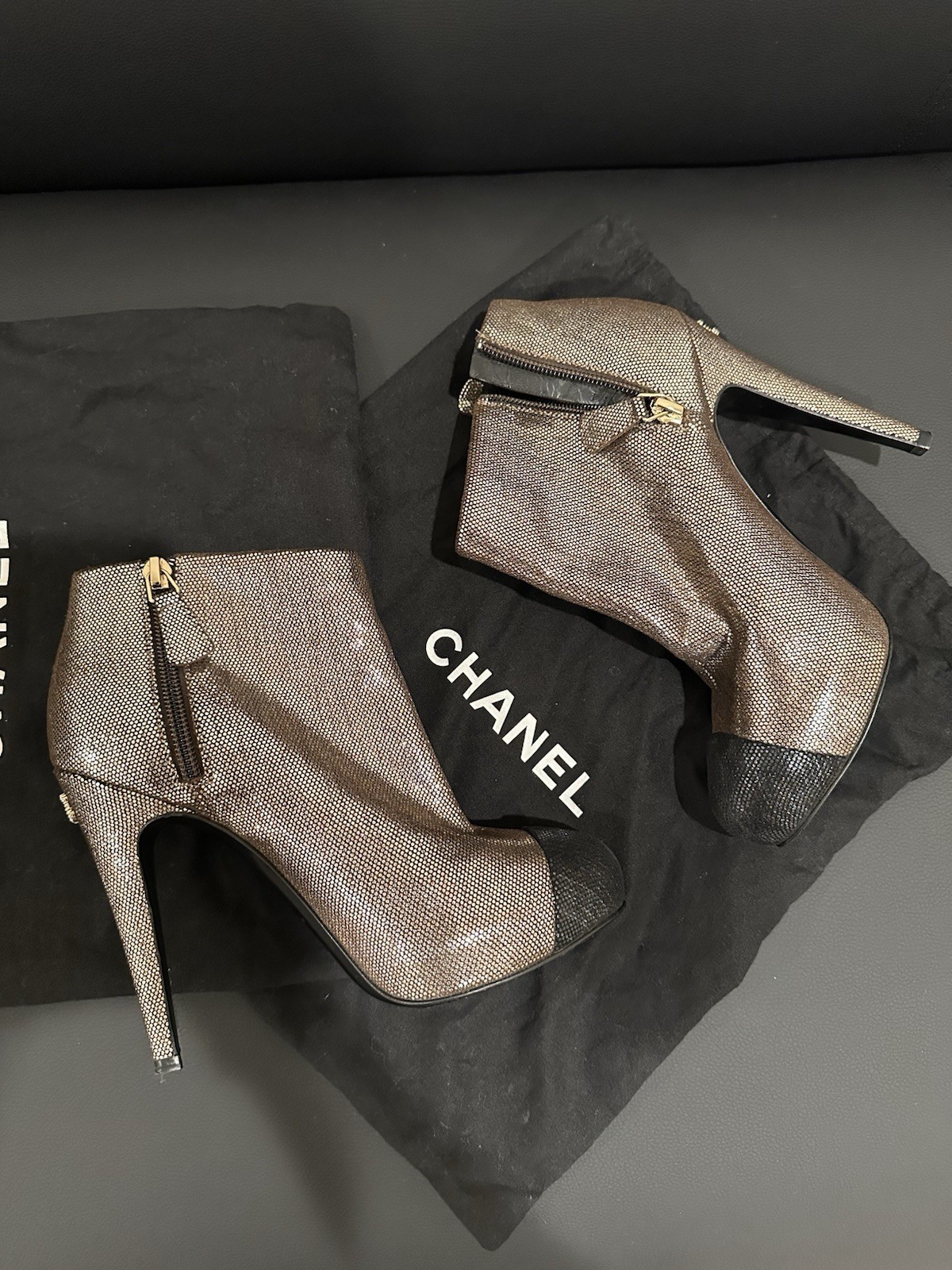Original Chanel Metallic Cap-Toe Platform Ankle Boots Heels Women’s EU 36.5
