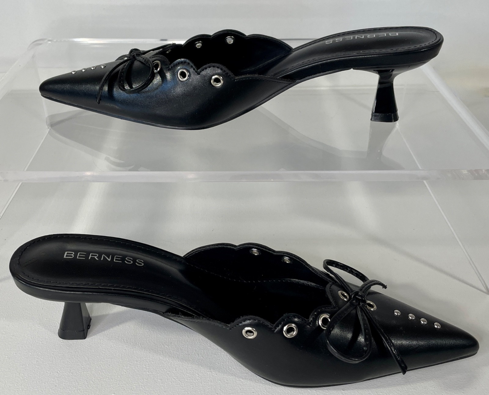 BERNESS Melina Bow Studded Scallop Eyelet Pointed Toe Kitten Heel Mule 8 Black