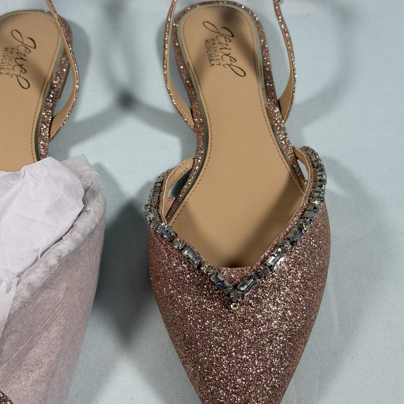 Jewel Badgley Mischka Size-9 Camden Slingback Evening Flats Rose Gold Glitter