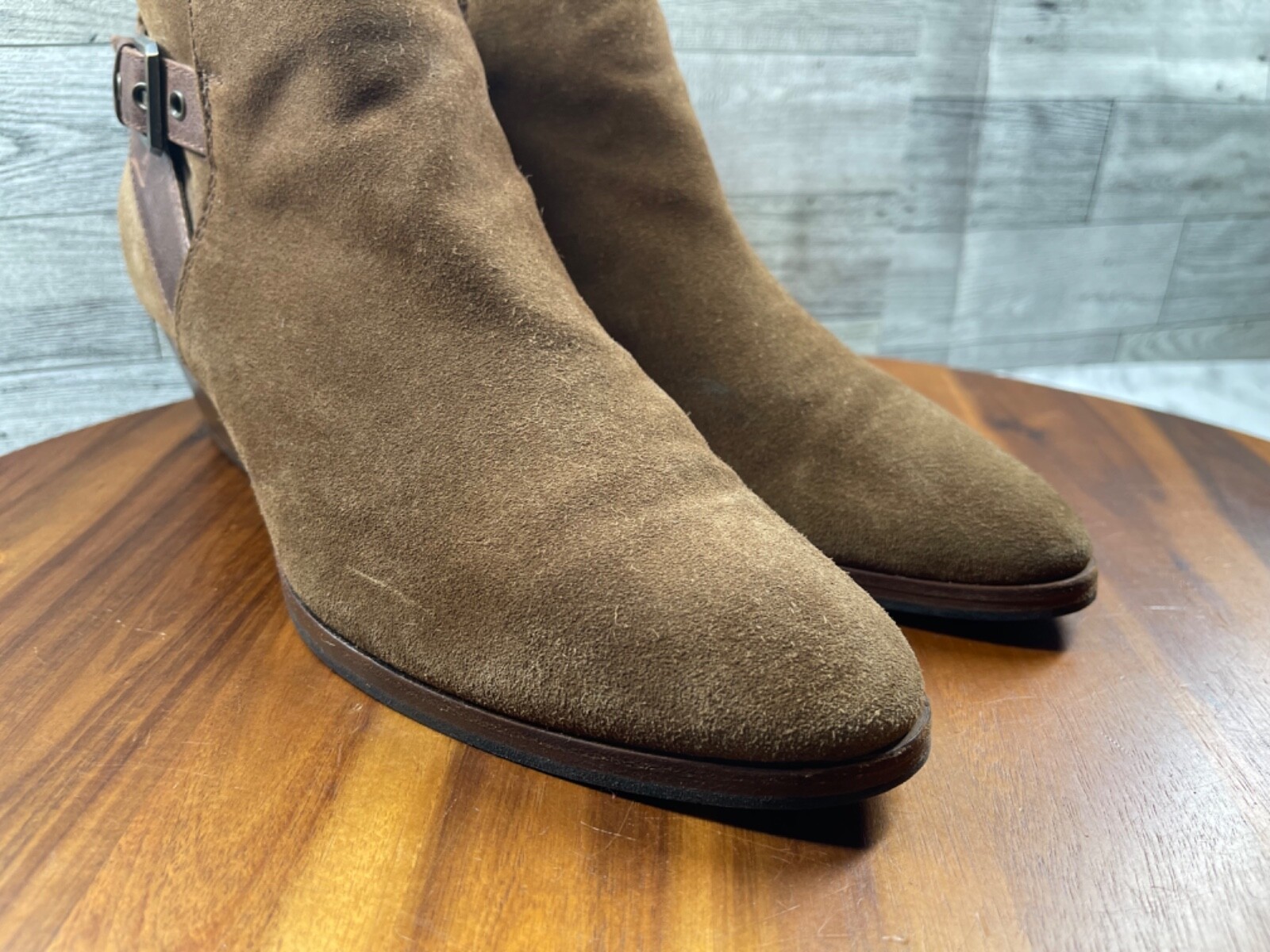 Aquatalia Farin Boots Women 9.5M Shoes Brown Suede Strap Waterproof Ankle Bootie