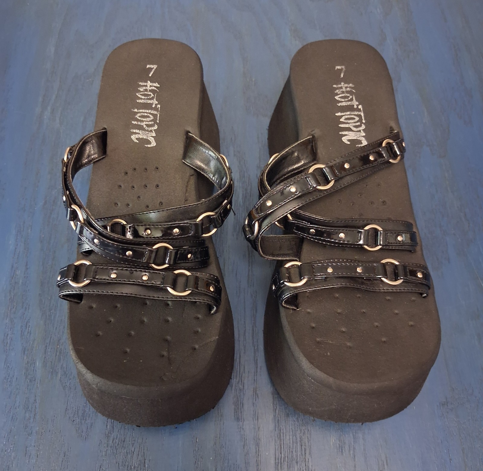 Vintage Y2K Hot Topic Platform Sandals Chunky Wedge Black Strap O-Ring Size 7