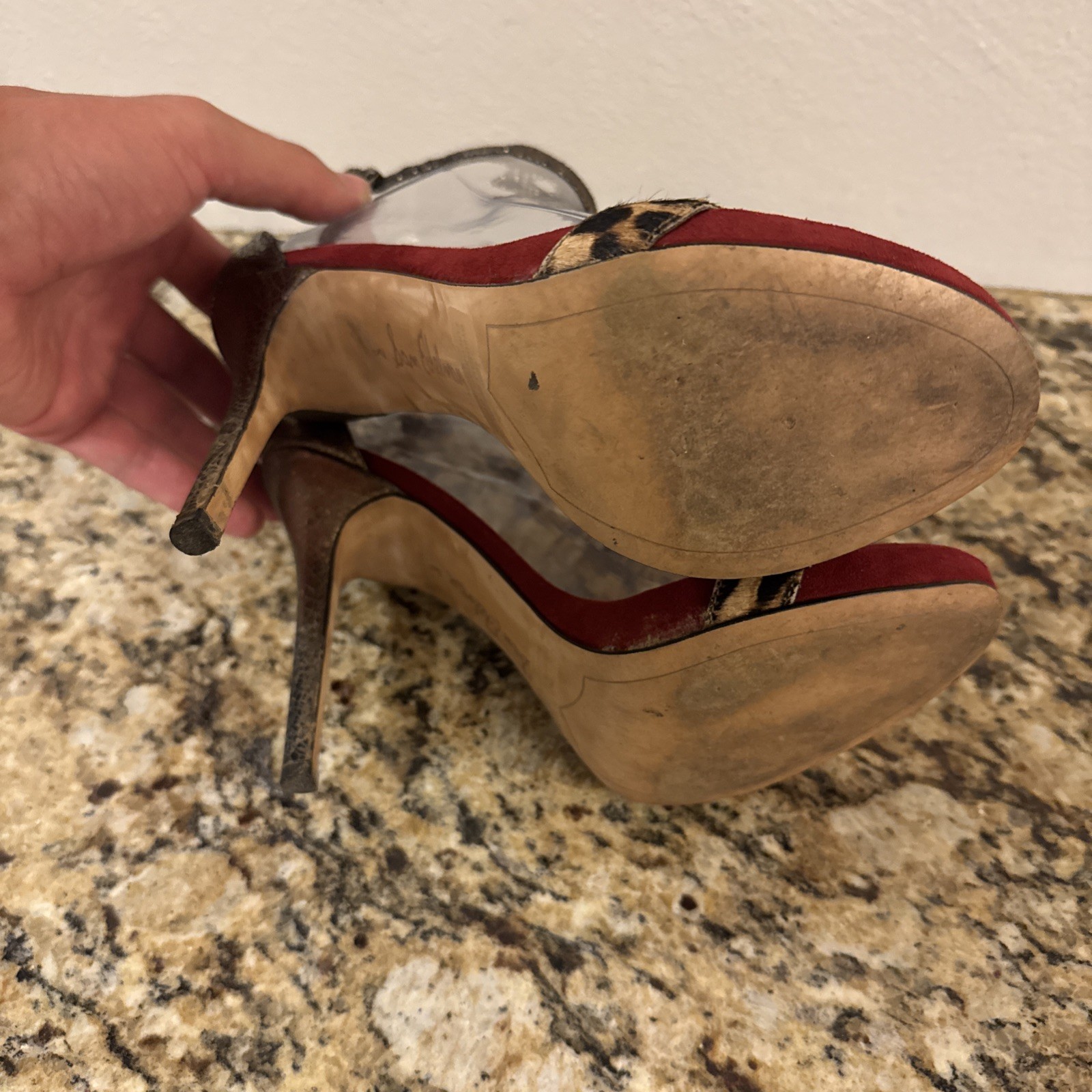 Sam Edelman Eleanor Animal Print Size 8 M Red Gold Ankle Strap Heels Shoes