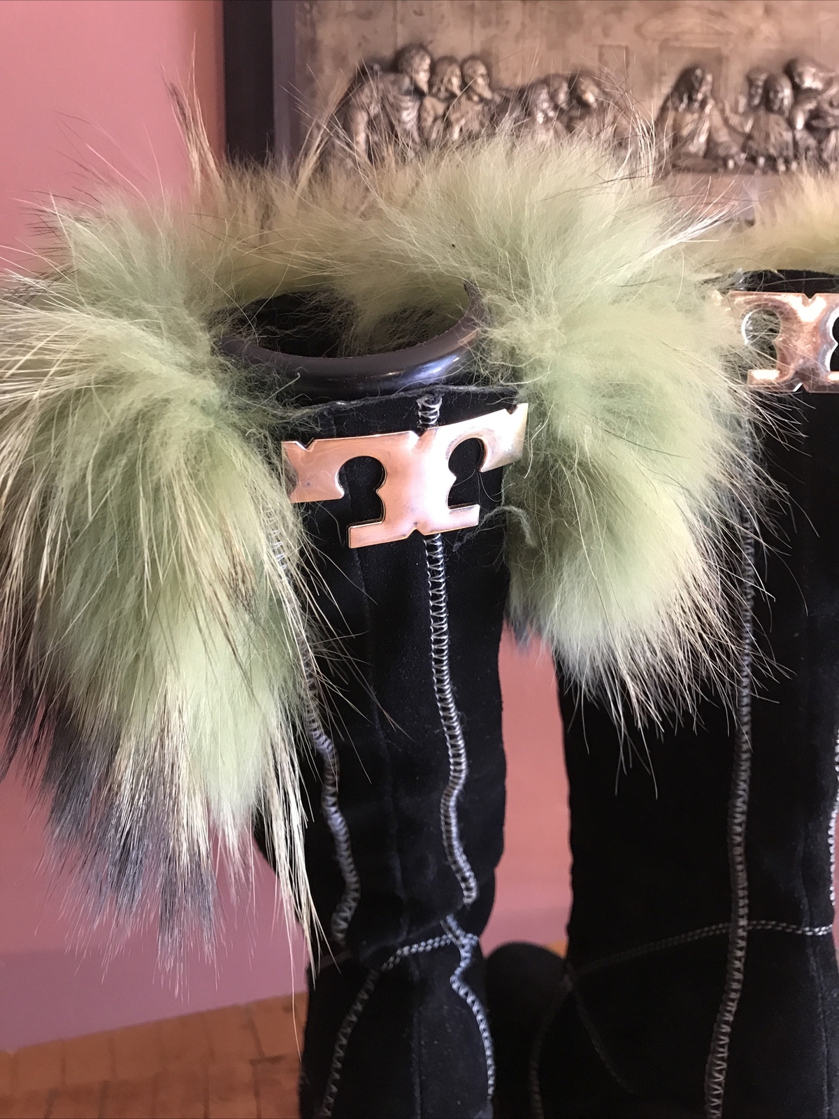 Handmade GORGEOUS BLACK SUEDE & FOX NATURAL FUR wedge BOOTS sz US 7.0
