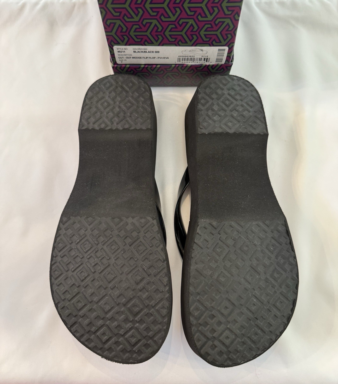 Tory Burch Women’s Black Wedge Flip Flop Sandals Logo PVC US 7