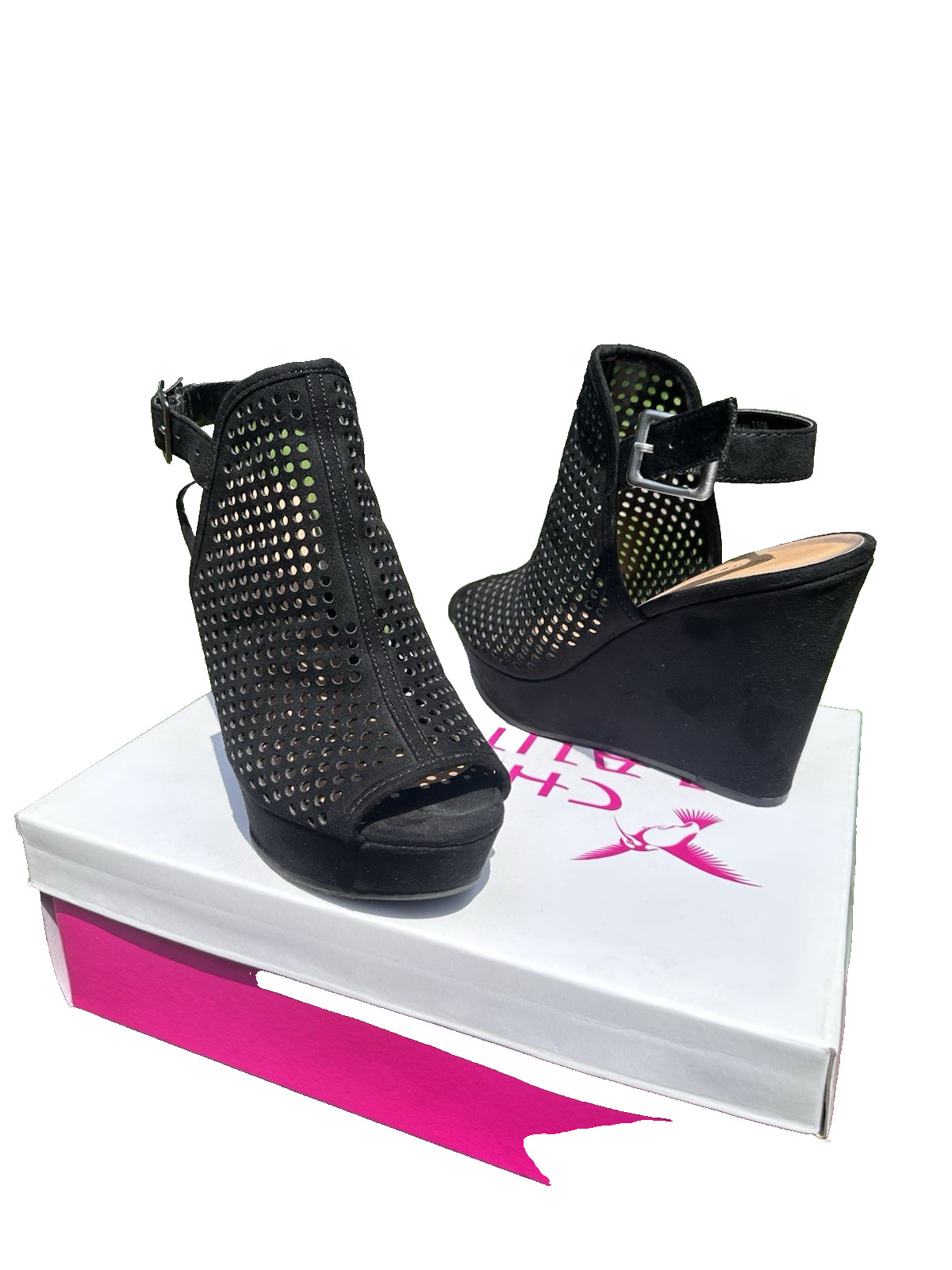 Chinese Laundry Z‑Iris Black Micro Suede Wedge Heels Size 7.5 Worn Once With Box