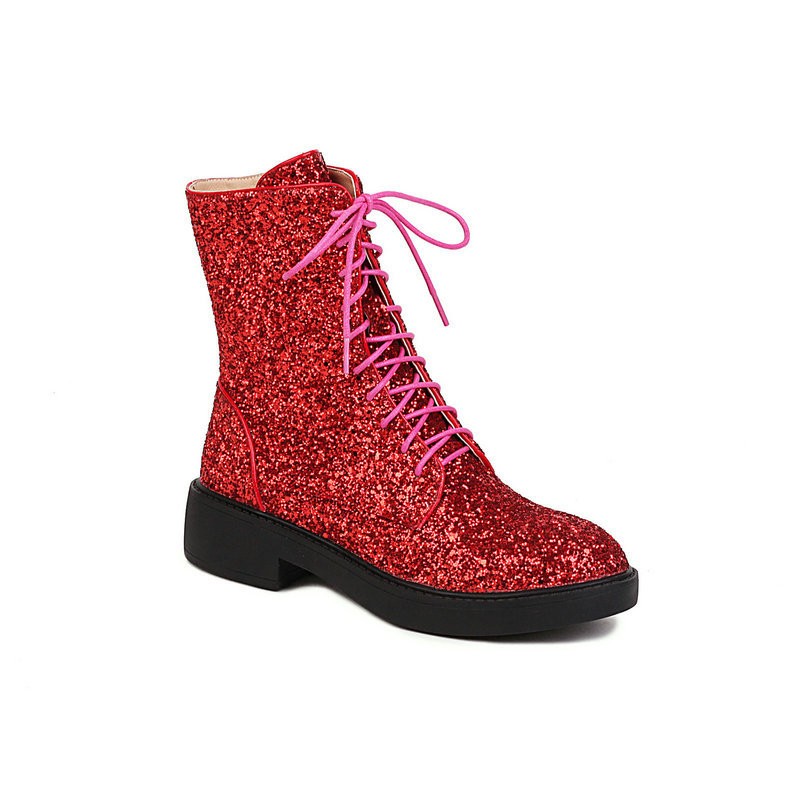 Women’s Glitter Sequins Ankle Boots Lace Up Performance Cosplay Shoes Plus Size