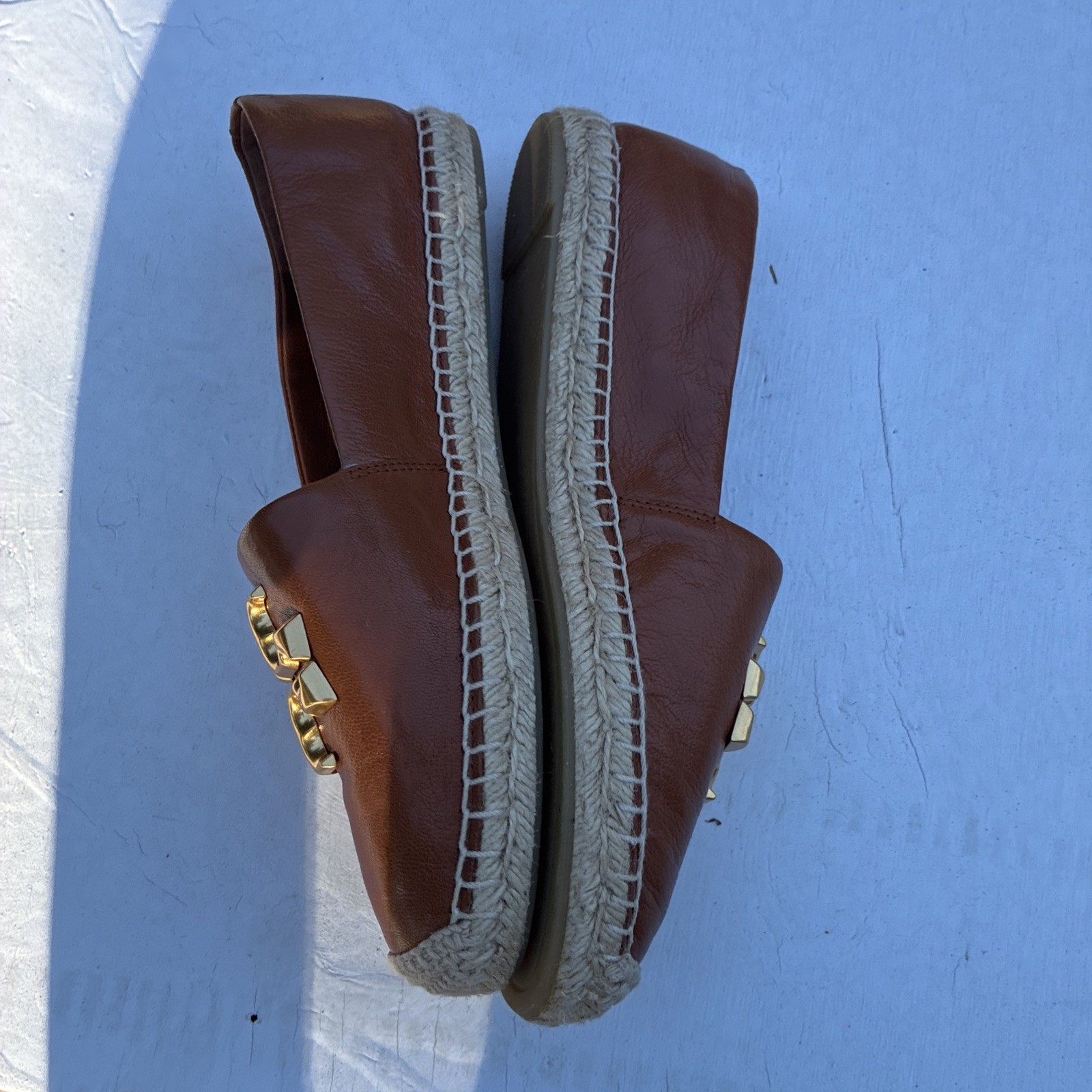 Tory Burch Eleanor Espadrille Flats Women’s 8.5 Brown Calf Leather Gold Logo