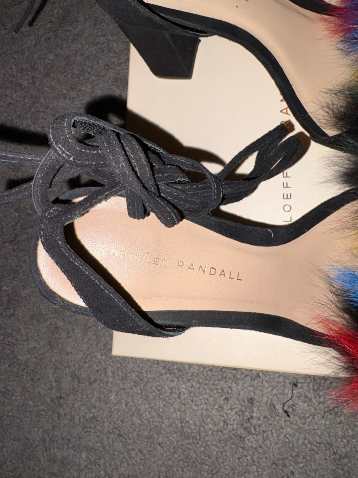 LOEFFLER RANDAL Nicolette Black Suede Fox Fur Multicolor Block Heel Sz 8.5 $495