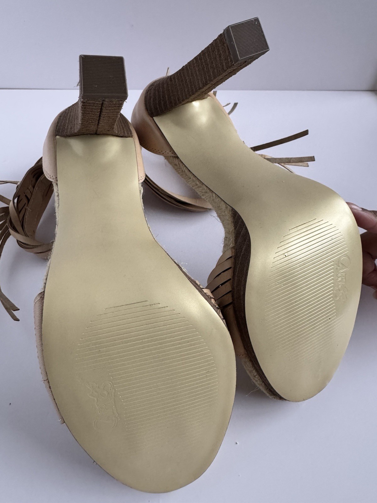 Carlos by Carlos Santana Camel Beige Fringe Strappy Leather Heels Women