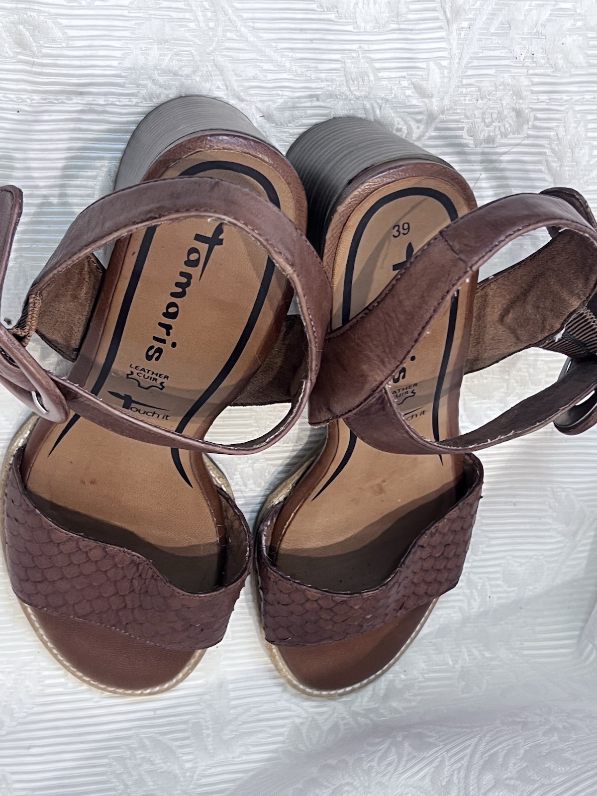 Tamari’s Danni Block Heel 3” Sandals Size 8.5 Straps Buckle Brown Leather German