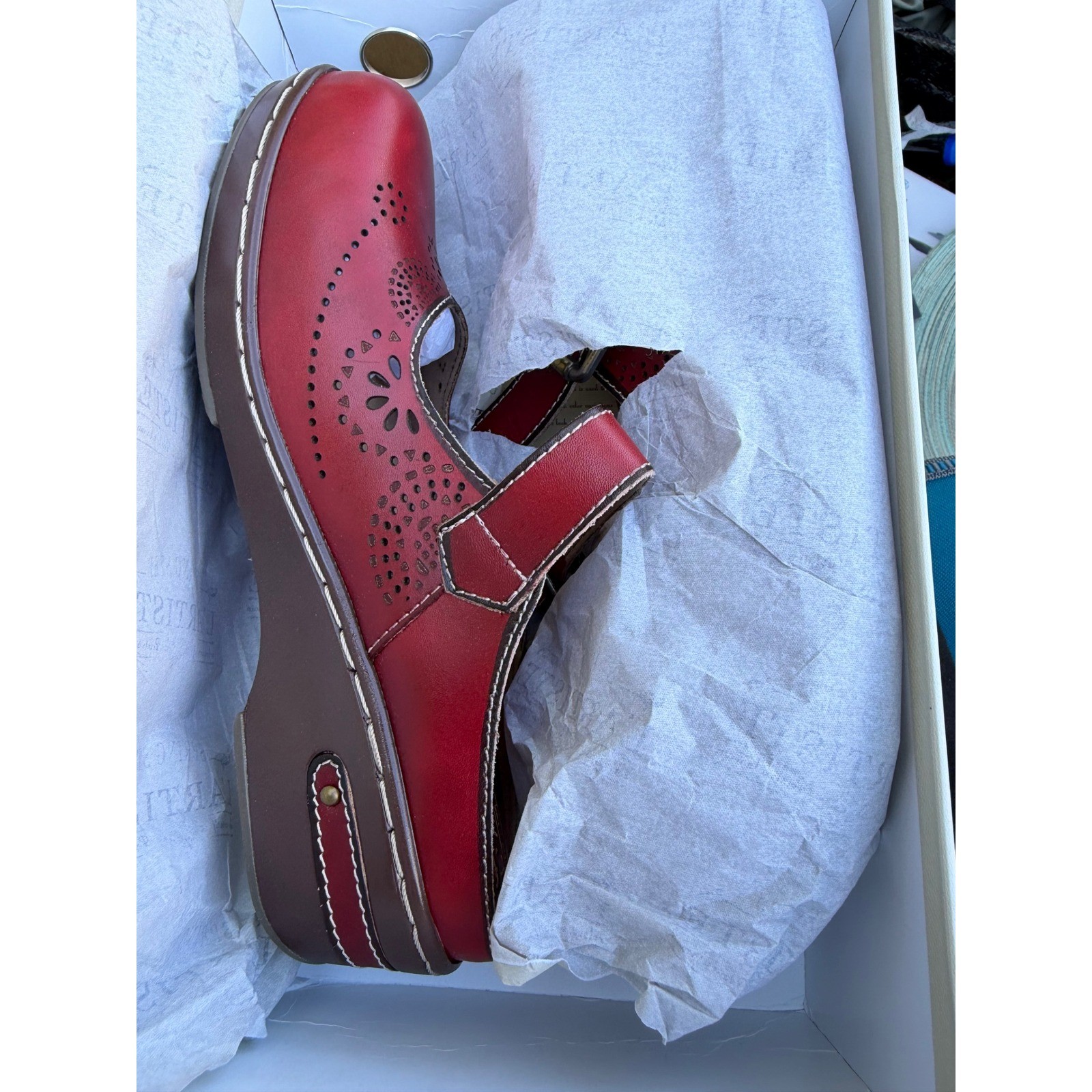 Spring Step L’Artiste Aneri Red Leather Laser Cut Clog Mules Womens 38 US 7.5-8