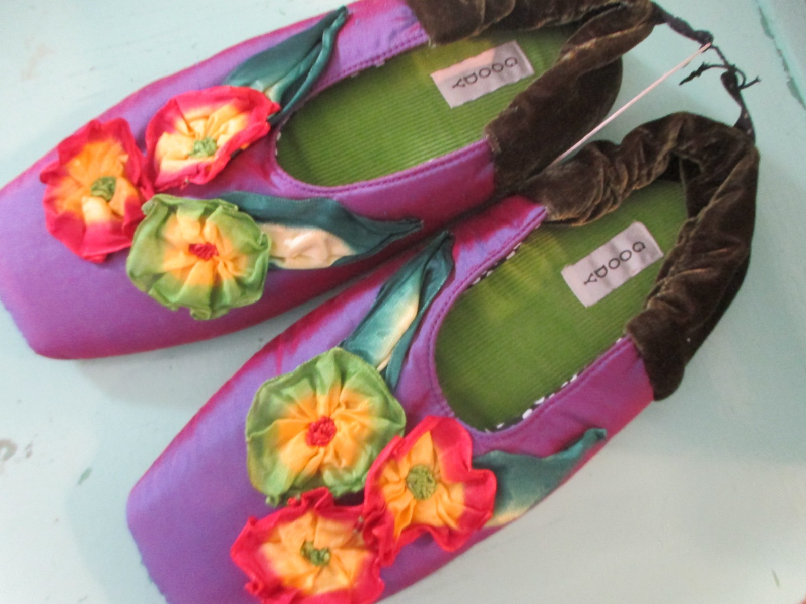 Goody Bon Bons Silk & Velvet Floral Ballet Slippers Square Toe Sz WS-Small