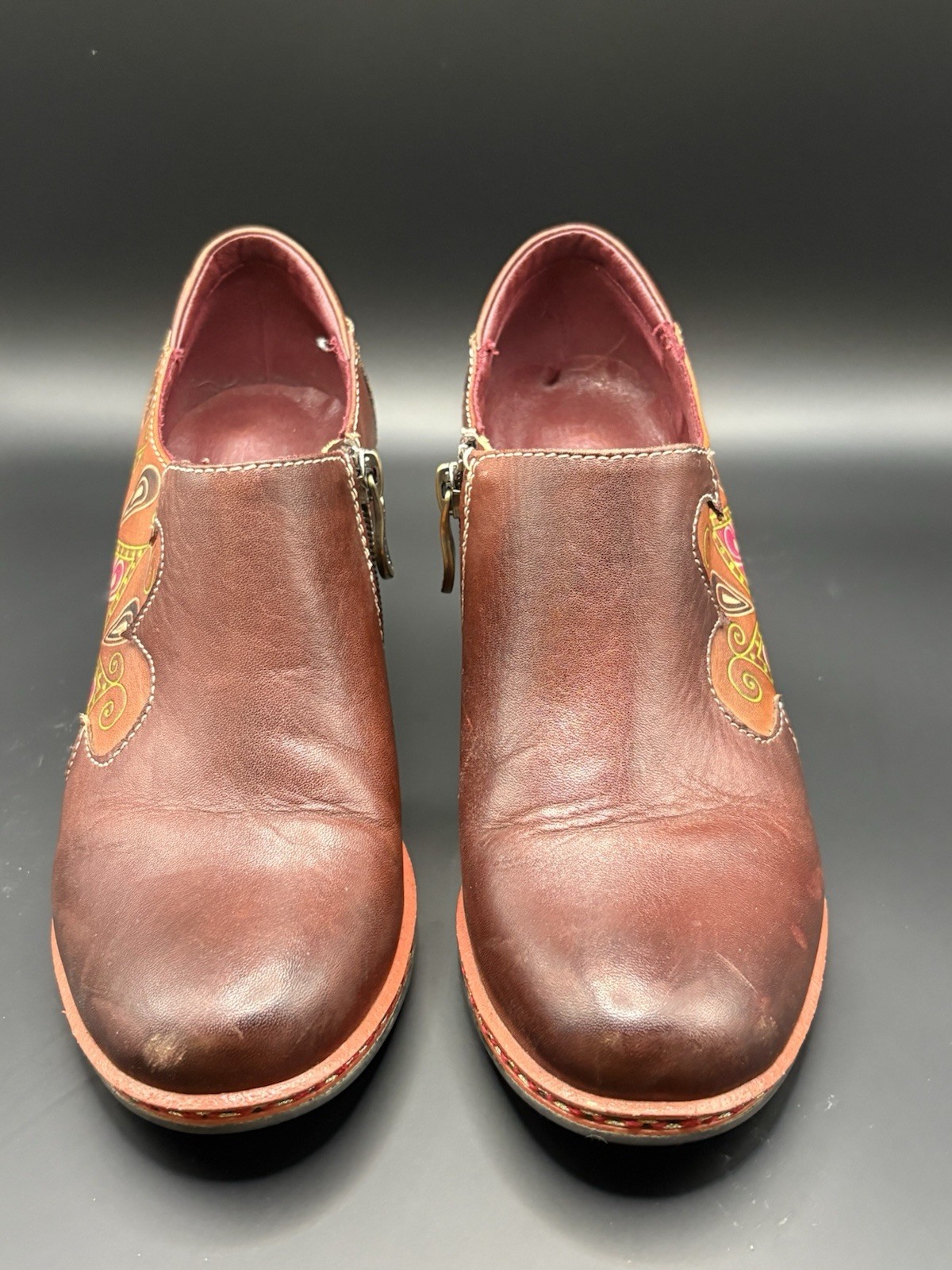 L’ Artiste Women’s Brown Hand Painted Leather Block Heel Zip Bootie Size 6.5