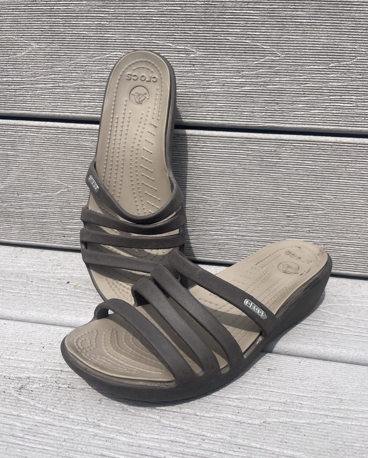 Crocs Sandals Rhonda Wedge Slides Brown Strappy Comfort sz women’s 6