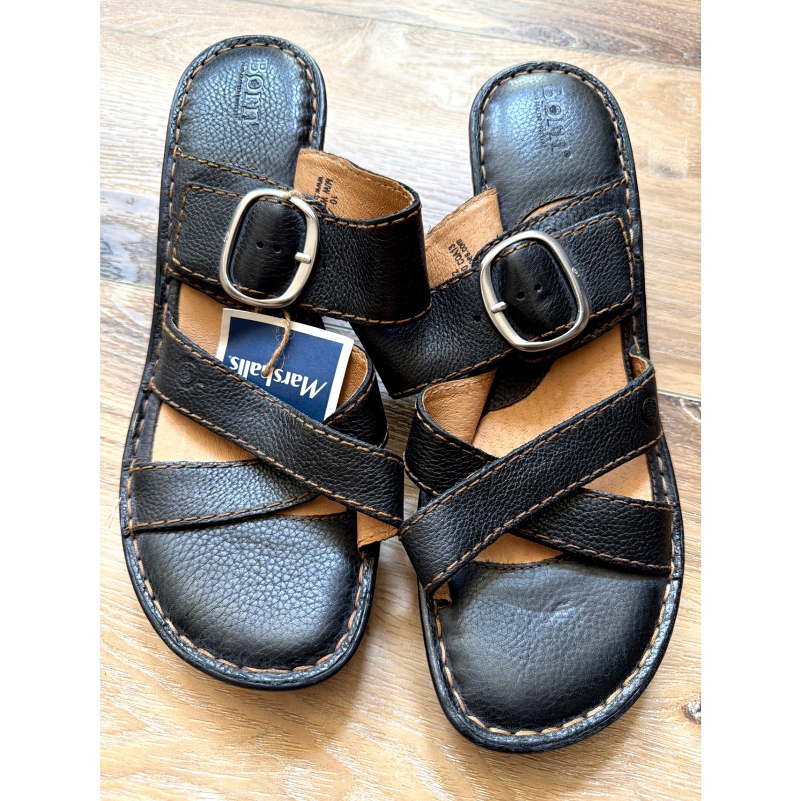 Børn Black Leather Crisscross Buckle Wedge Sandals Size 10 Slip On NWOB Shoes