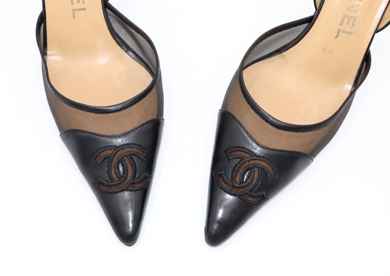 Chanel Vintage CC Mesh Leather Slingback Pumps Black Sz 36.5
