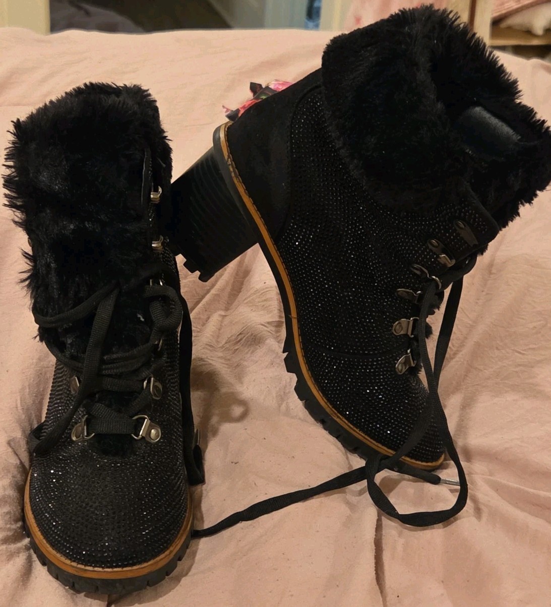 Nanette Lepore «Anais» Black Beaded Sparkle, Faux Fur Trim Stacked Hiker Bootie