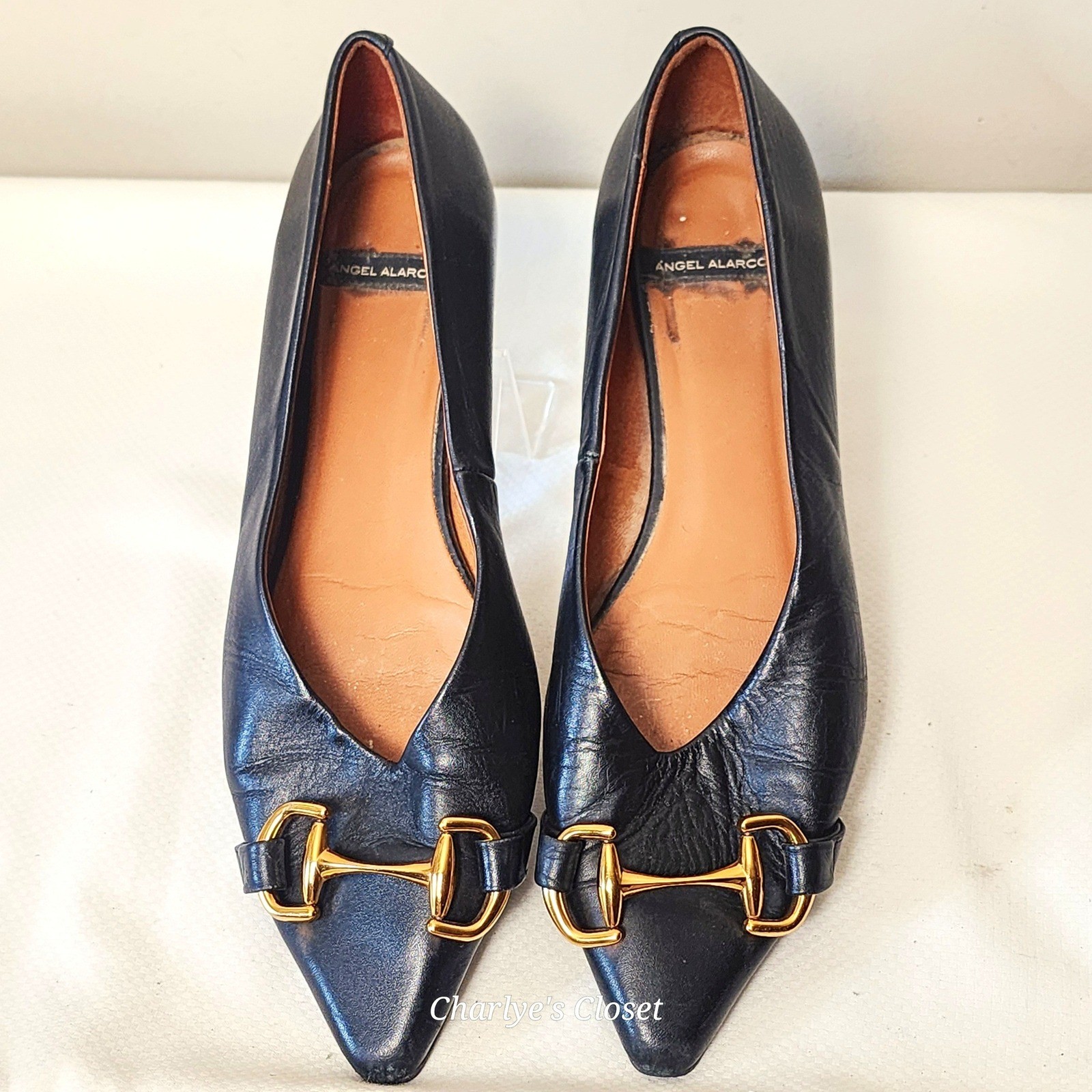 Angel Alarcon Horsebit Pointed Toe Flat 41/US 10 Blk Leather Made in Spain