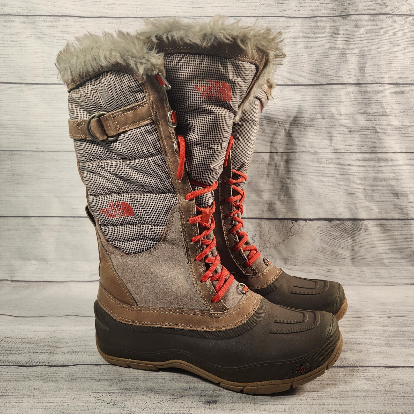 The North Face Shellista Women’s 8 Tall Snow Boots Brown Gray Orange Houndstooth