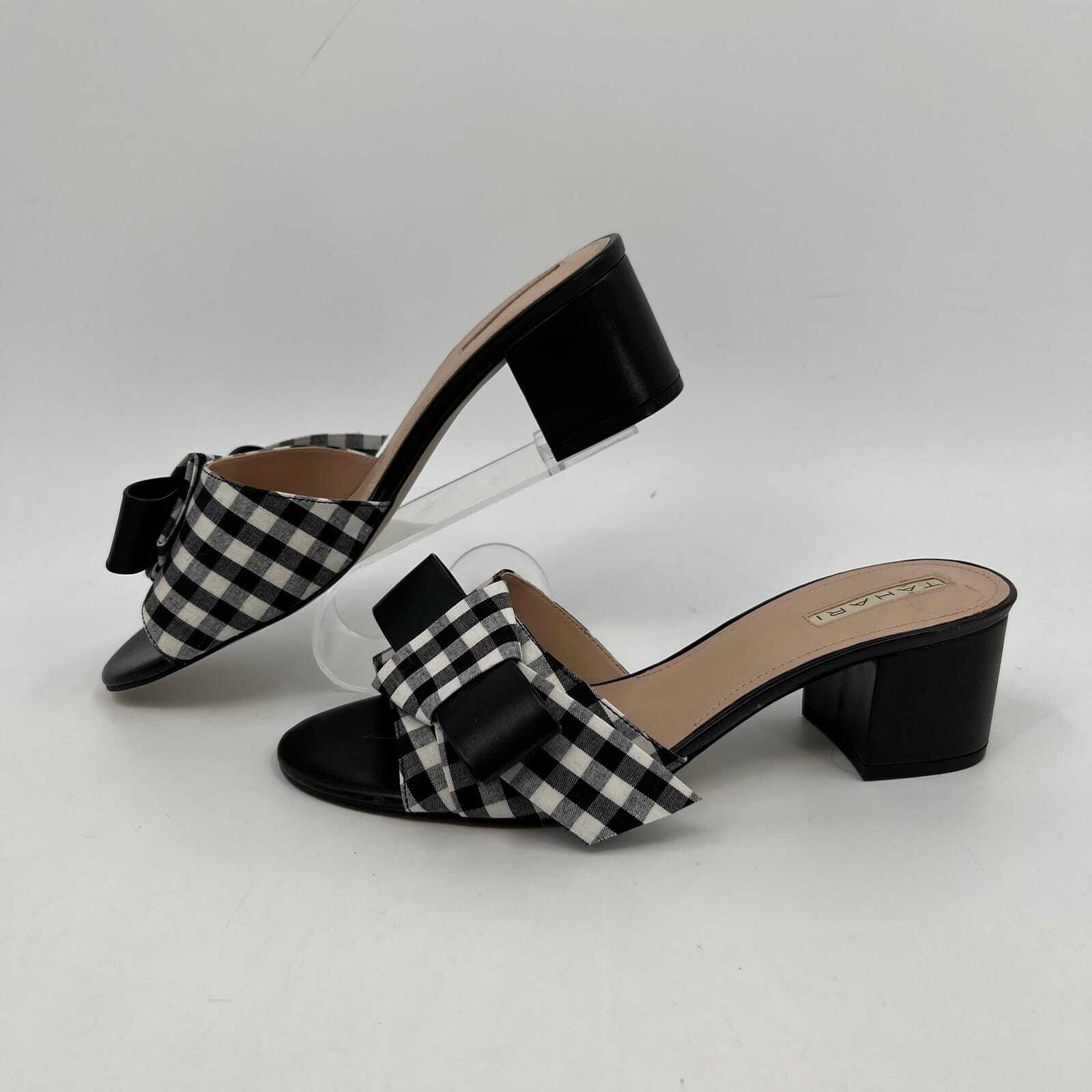 Tahari Black and White Gingham Bow Slip-On Sandals | Heel Height Mid 2-2.9in