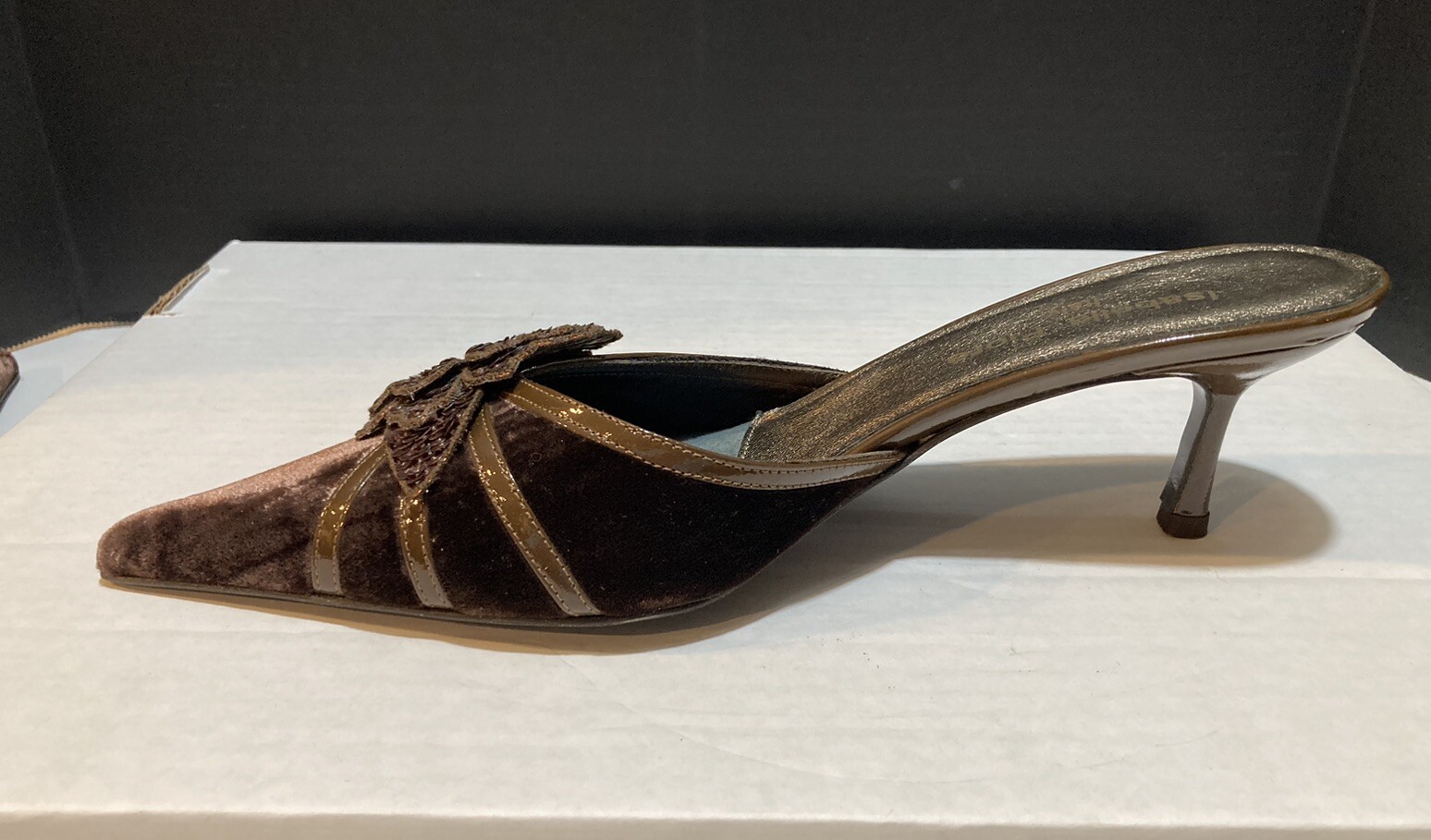 Isabella Fiore Italian Velvet Leather Mules Chocolate Sequin Floral Kitten Heels