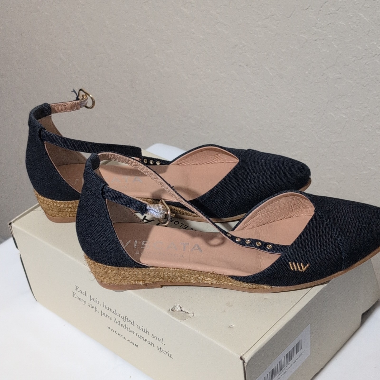 VISCATA Women’s Navy Canvas Ankle Strap Studded Pointed Toe Flats EU 37