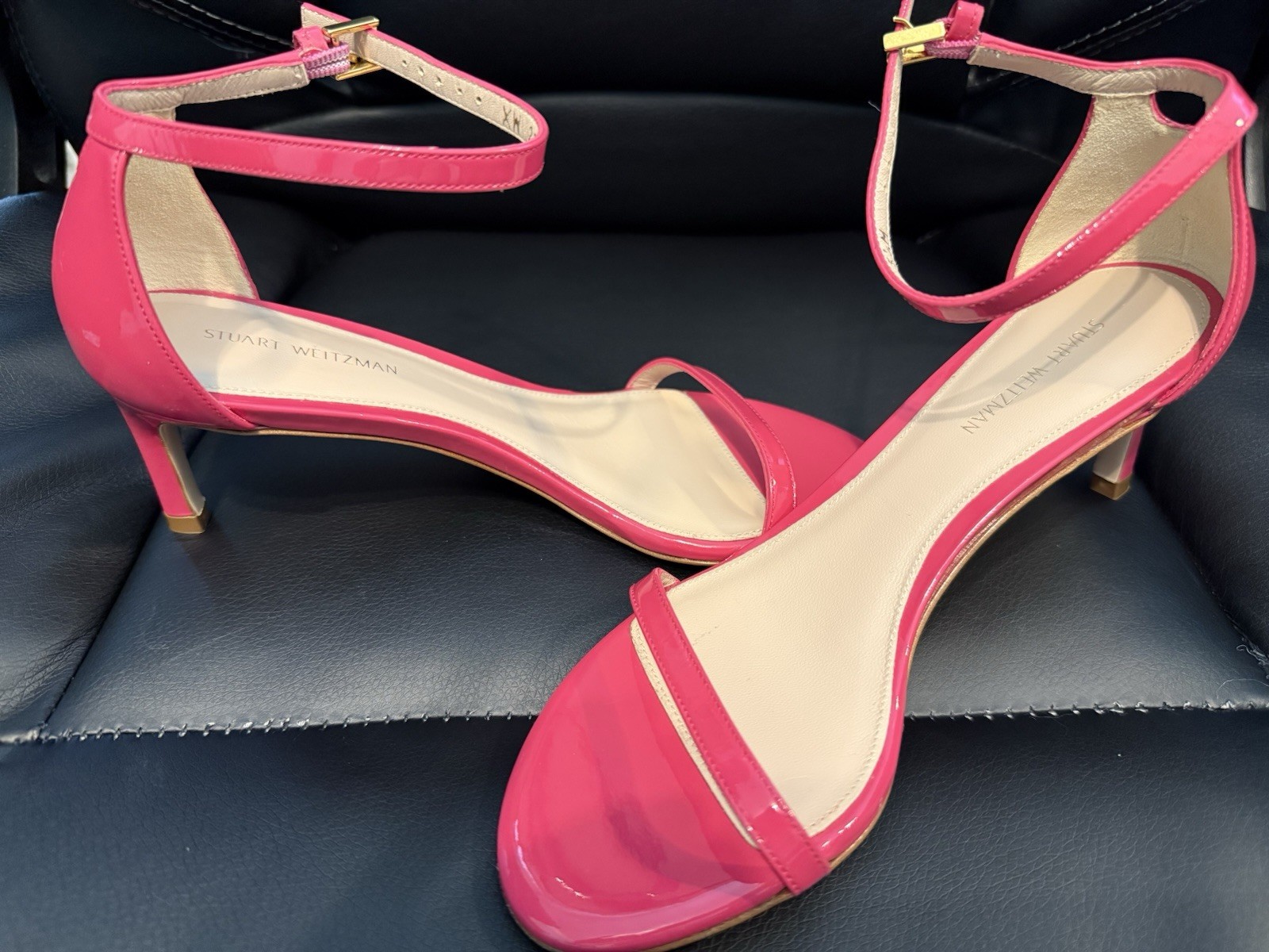 New Stuart Weitzman Pink Patent Leather Open Toe Strappy Buckle Heels US 5.5