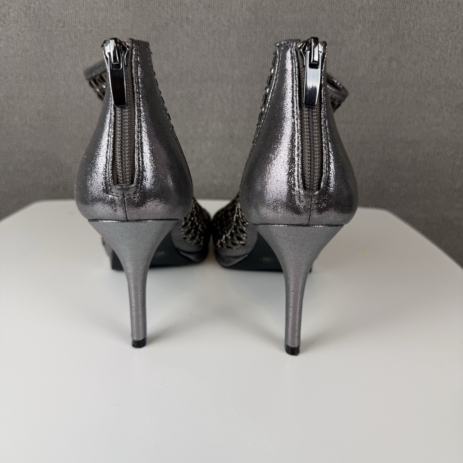 Alex Marie Silver Rhinestone Peep-Toe Stiletto Booties Wedding Party Glam Sz 8M~