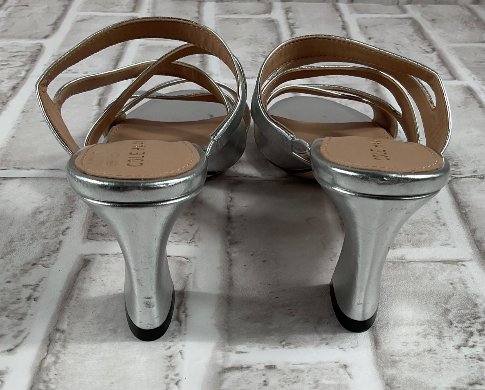 Cole Haan Alyse Sandal Womens Sz 5.5 B Silver Specchio Leather Block Heel