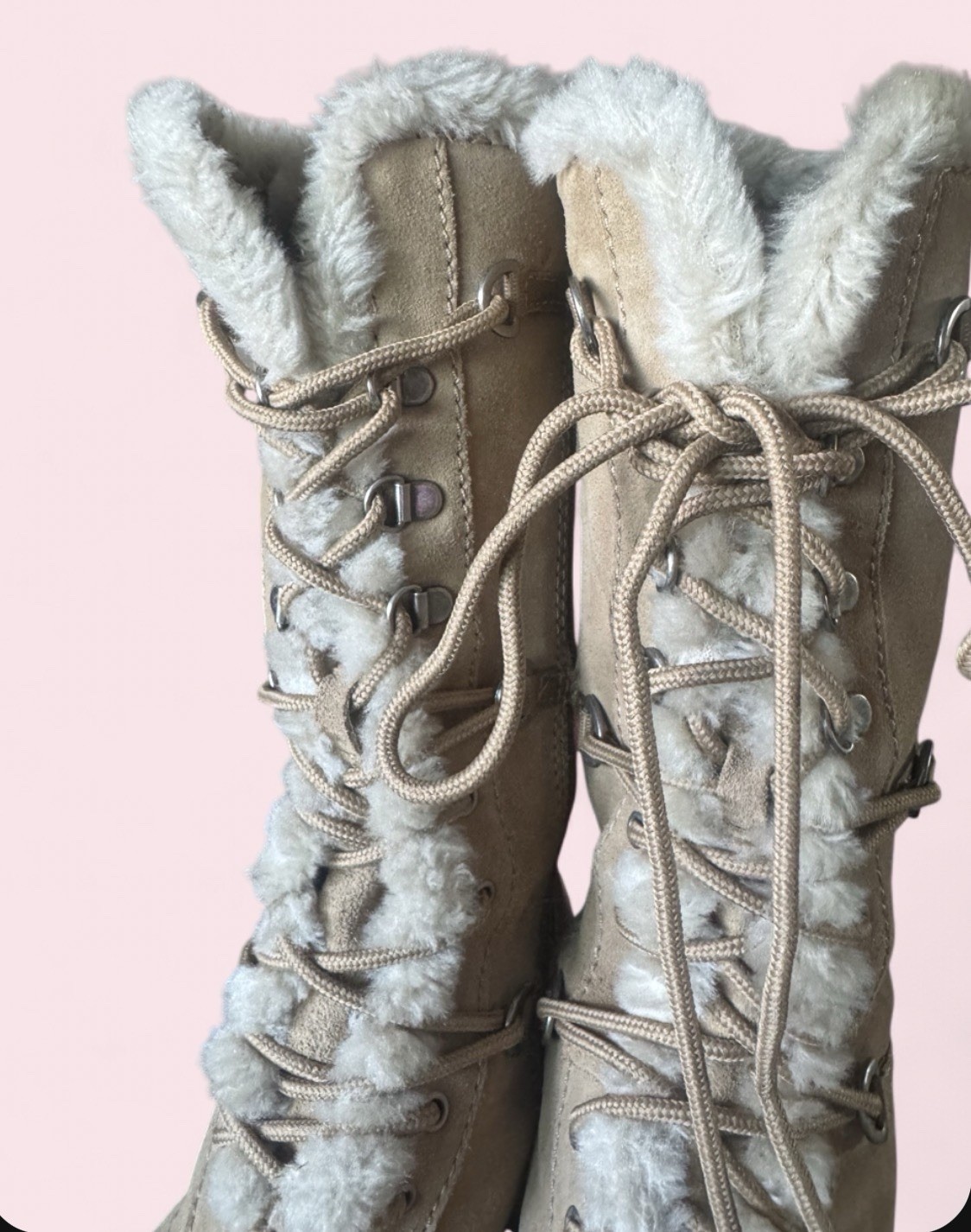 Y2K Vintage Report US W8 Beige Suede Knee High Lace Up Faux Fur Lined Boots