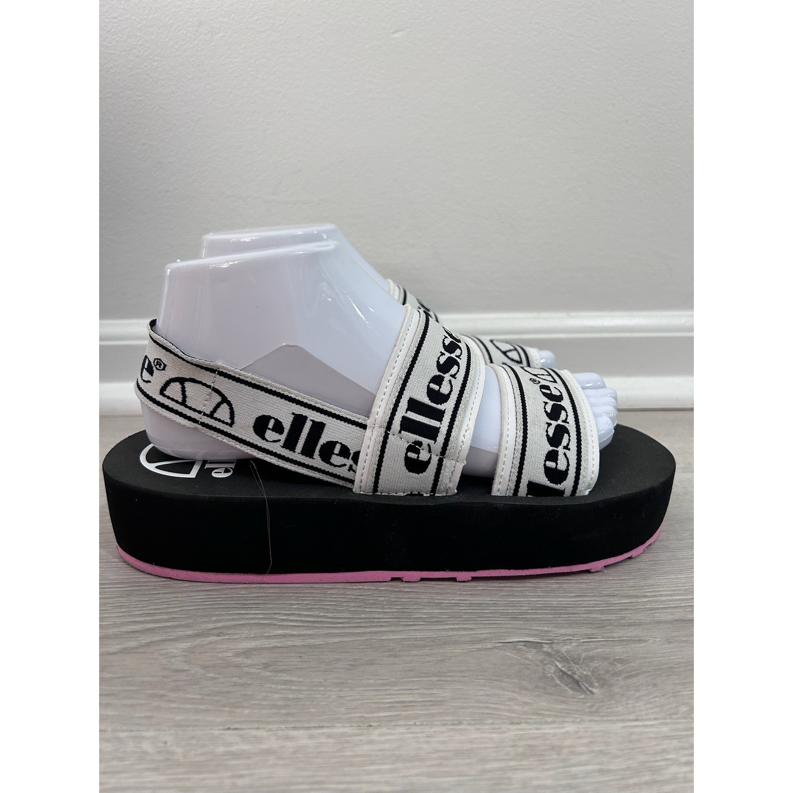 Ellesse Womens Platform Sandals Black White Pink Logo Strappy Sz 7 Retro 90s Y2K