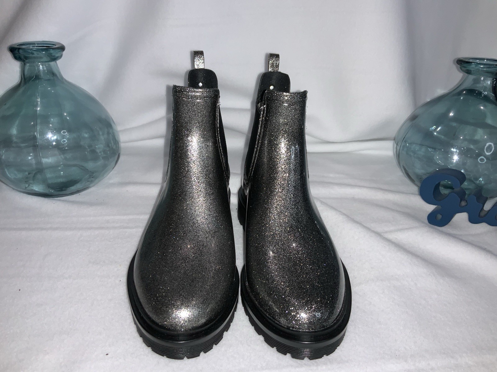 Michael Kors Women’s Silver Glitter Logo Chelsea Ankle Round Toe Rain Boots