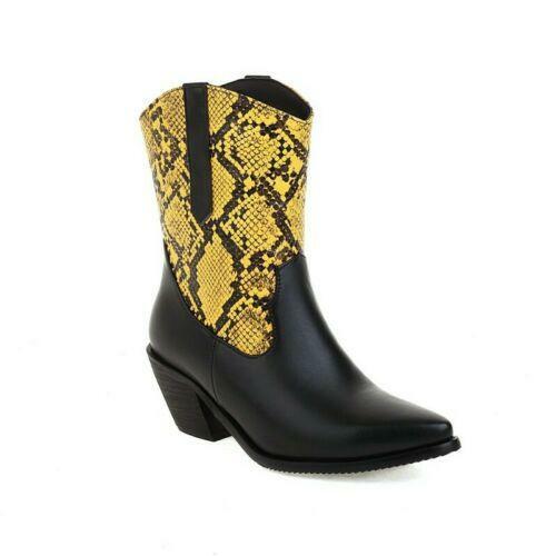 Serpentine Snakeskin Pattern Womens Ankle Boot Shoes Patchwork Mid Heel Cowgirl