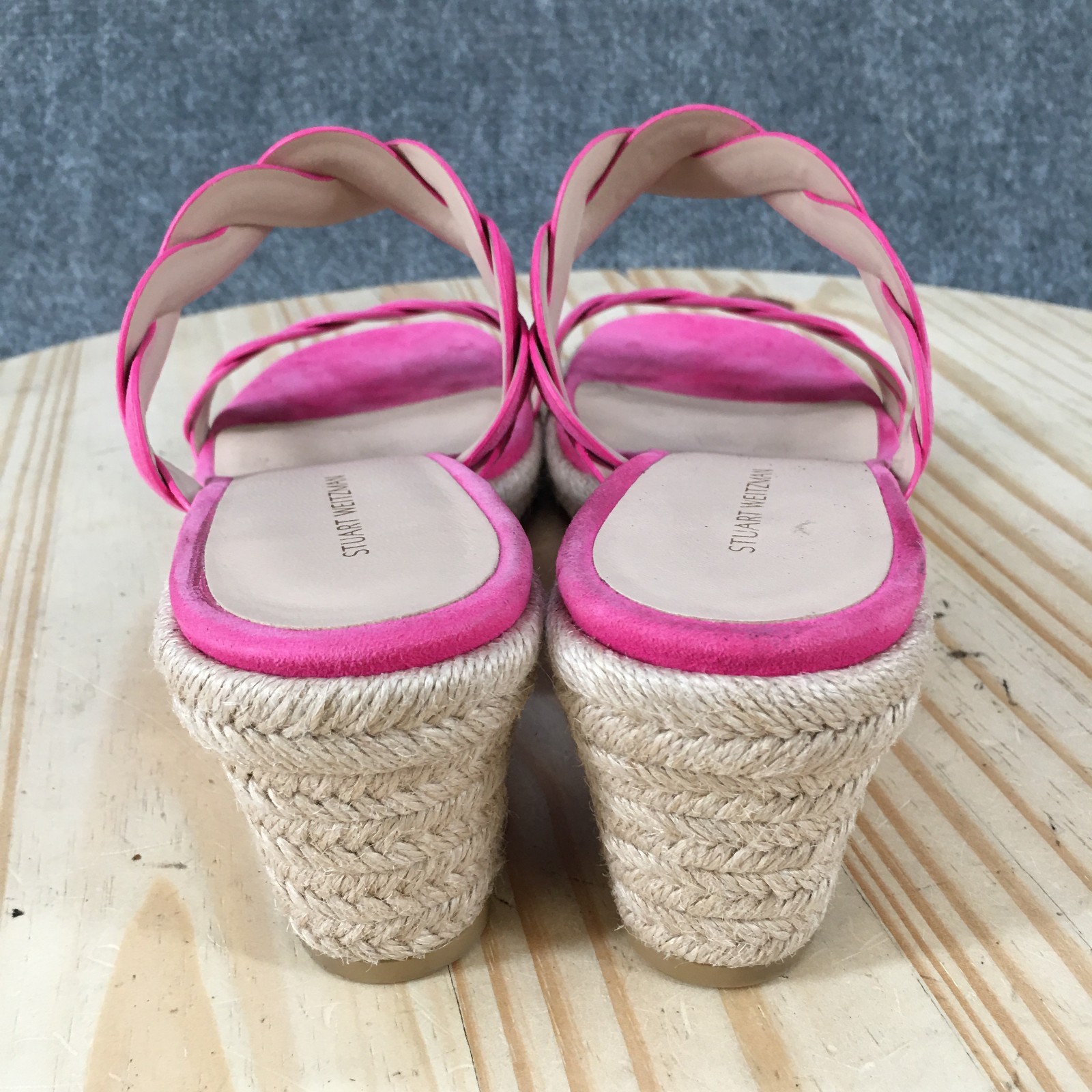 Stuart Weitzman Twistie Sandal Womens 8 Hot Pink Suede Braided Espadrille Wedges