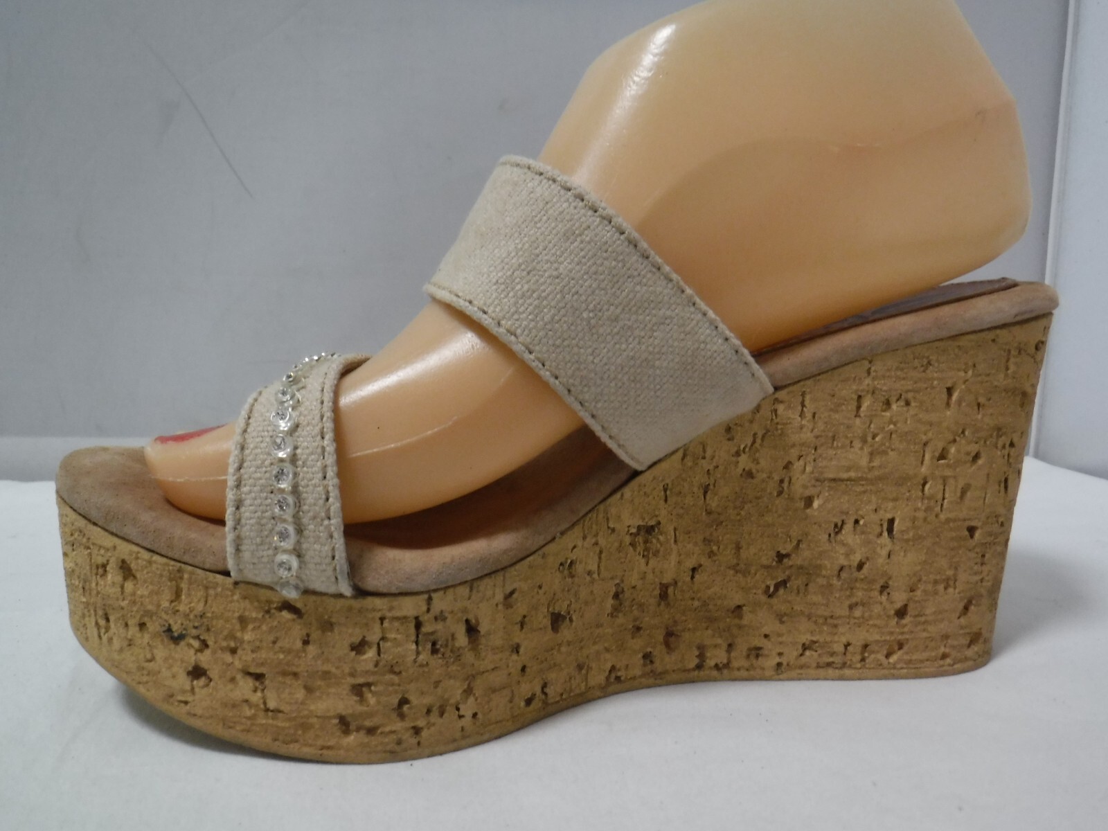 PF2 SBICCA Vintage Collection Cork Platform Beige Canvas Wedge Heel Sandals 8 39