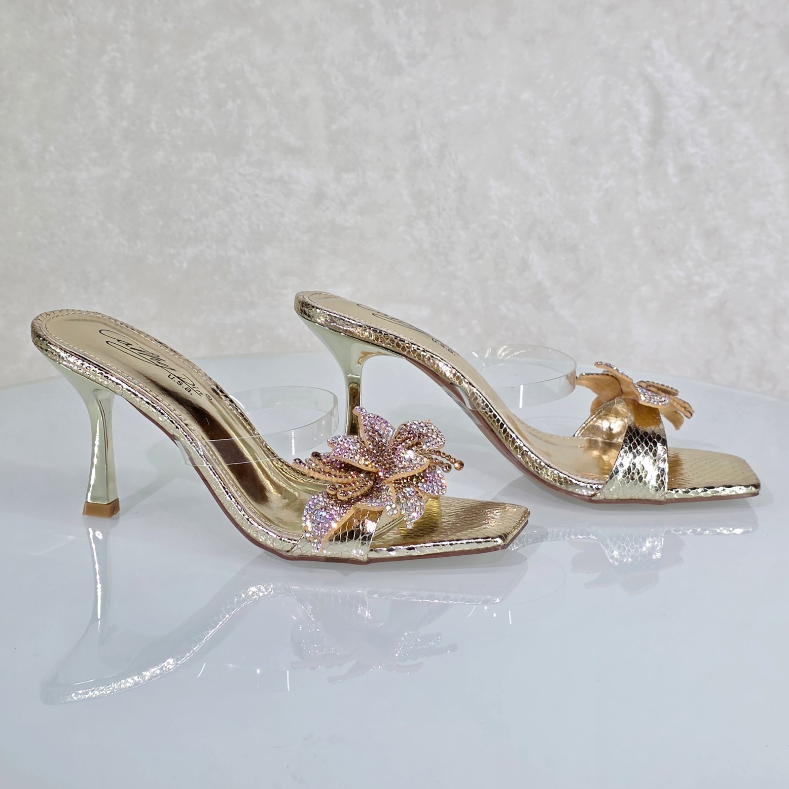 Lily Rhinestone Flower Gold Slip On 3.25″ Heel Casual Evening Party Shoes