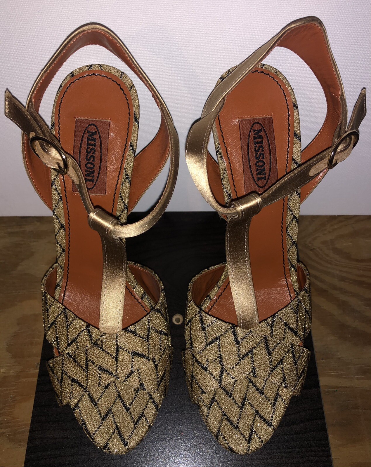 Missoni Chevron Pattern Gold Black Open Toe Platform Heels Size 8.5