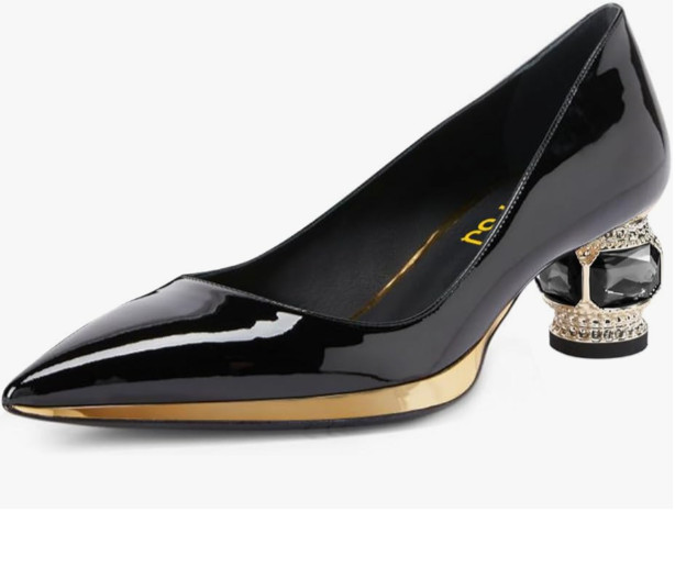 NEW FSJ BLACK PATENT Women Pointed Toe Chunky Block Low Heel Crystal Pumps 8
