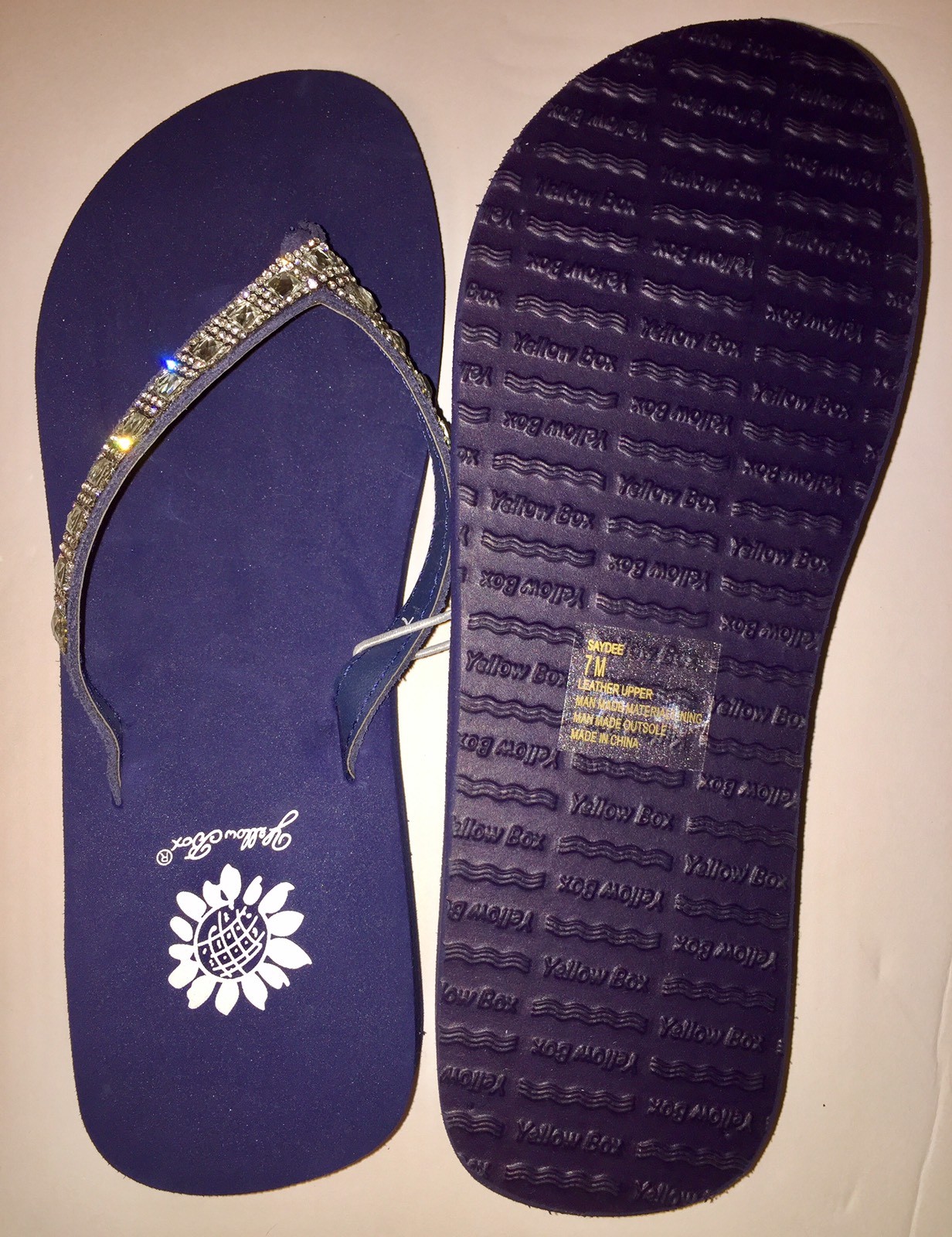Yellow Box Flip Flops Navy Blue Sparkle Jeweled Rhinestone Shiny Sandals Saydee