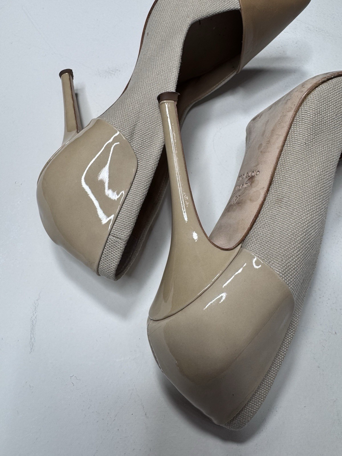 Giuseppe Zanotti Design Italy Canvas Leather Cap Toe Heels Pumps EU 37 Nude