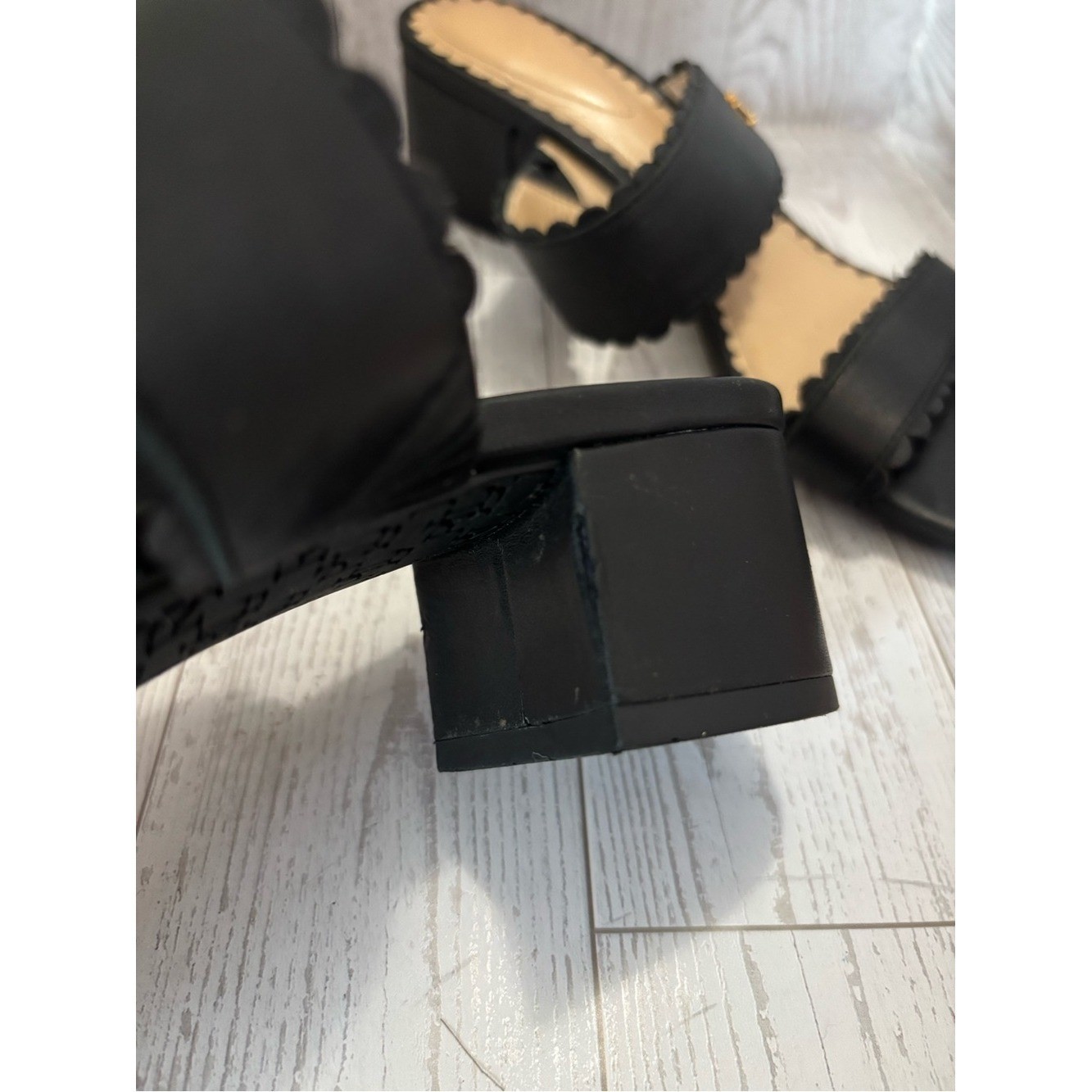 Ralph Lauren Black Scalloped Two-Band Block Heel Mules Size 6.5 Quiet Luxury
